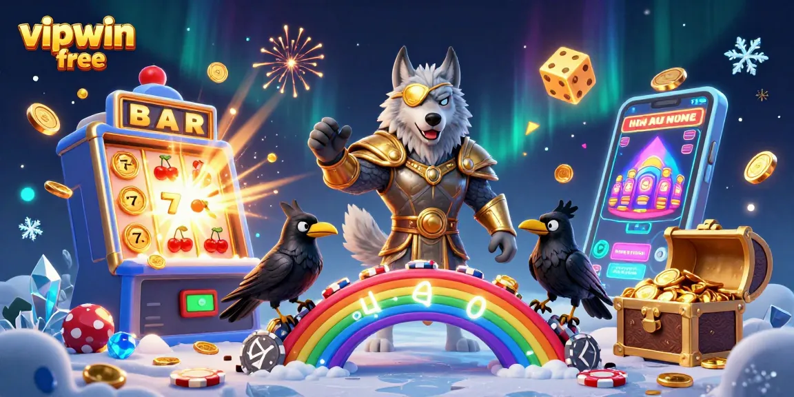 Spin the reels at vipwin free, featuring a dynamic scene with Odin's wolf and casino-themed elements bursting with excitement.