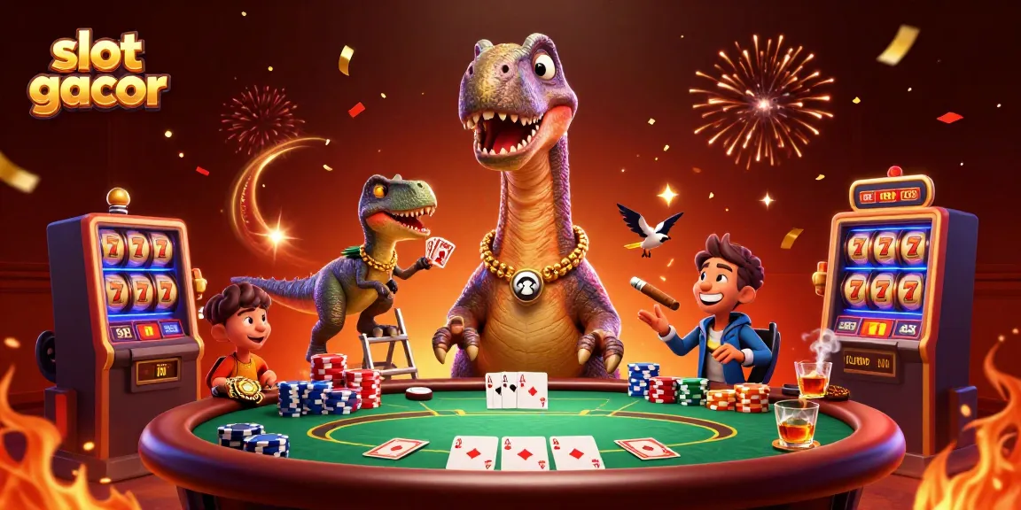 Engage with the slot gacor scene featuring a cartoon brontosaurus and a clever raptor at a vibrant poker table.