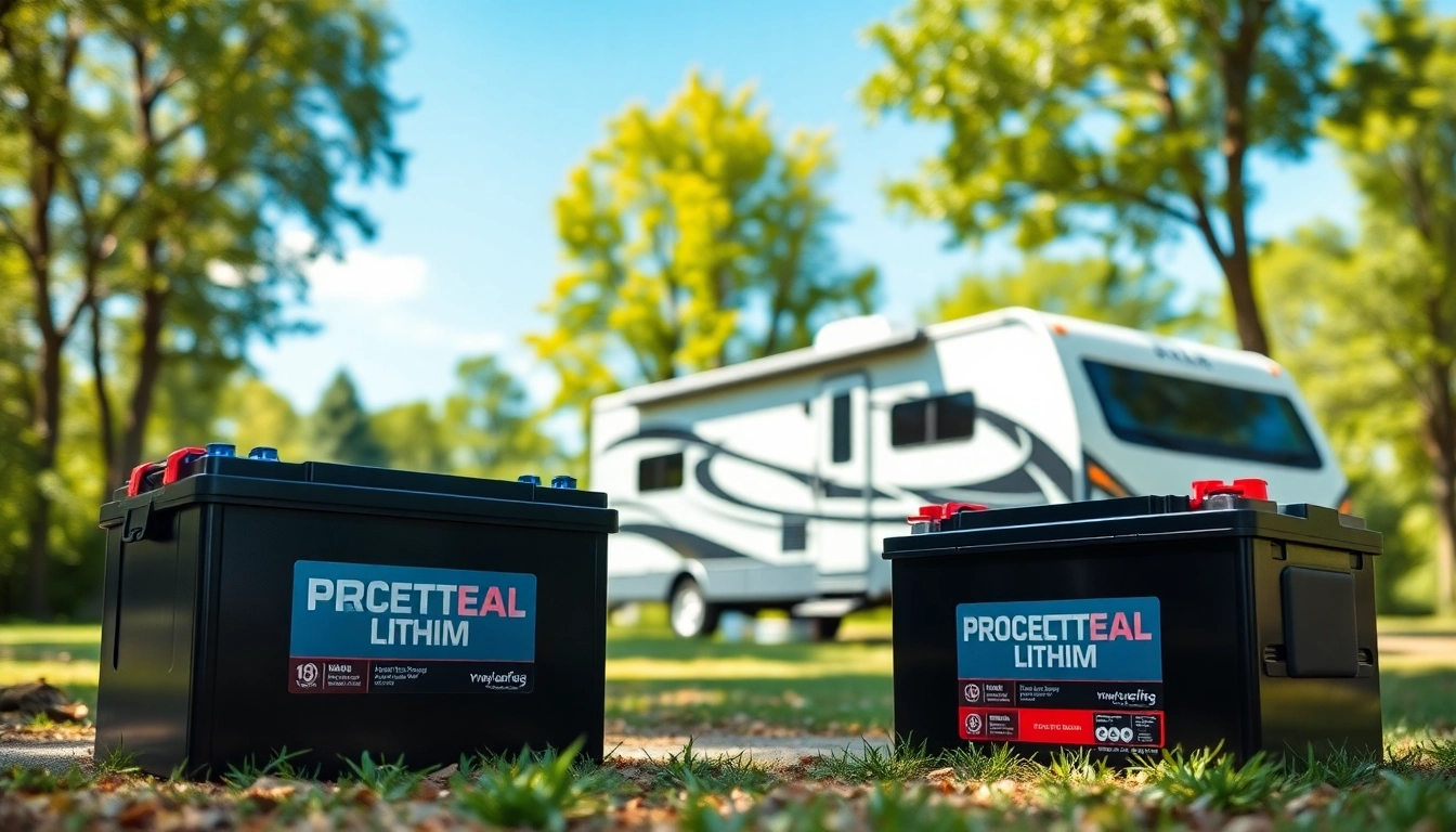 Showcase of lithium RV batteries enhancing energy efficiency in a scenic RV campsite.