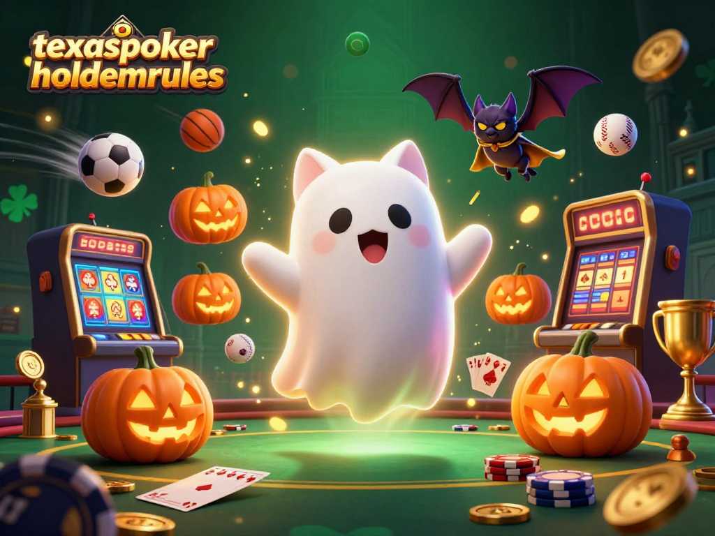TexasPokerHoldemRules ghost cat and vampire bat in a haunted casino scene with poker and sports elements.