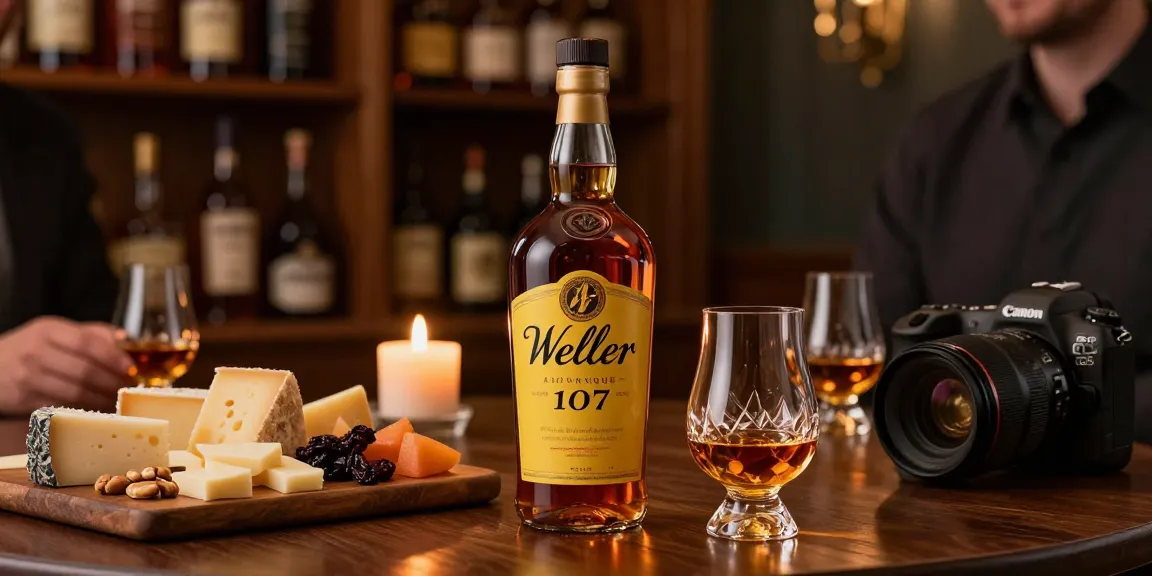 Weller Antique 107 bourbon bottle displayed elegantly on a tasting table with gourmet cheese and nuts, embodying sophistication.