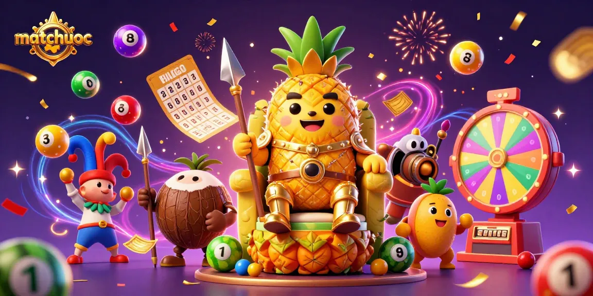 Matchuoc's vibrant beach casino scene with a golden pineapple king and lottery elements.