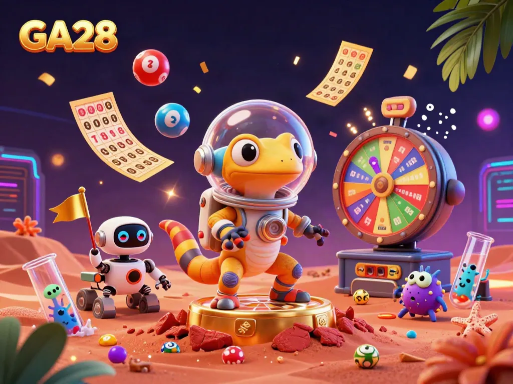 Engage with GA28's vibrant casino experience, featuring animated Martian gecko and lottery elements.