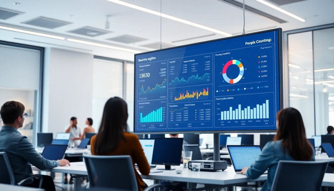 Visualize real-time data analytics with the people counting software dashboard in a modern office.