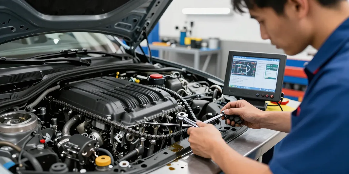 Steuerkette wechseln Hannover in einer professionellen Werkstatt, Mechaniker repariert BMW-Motor.