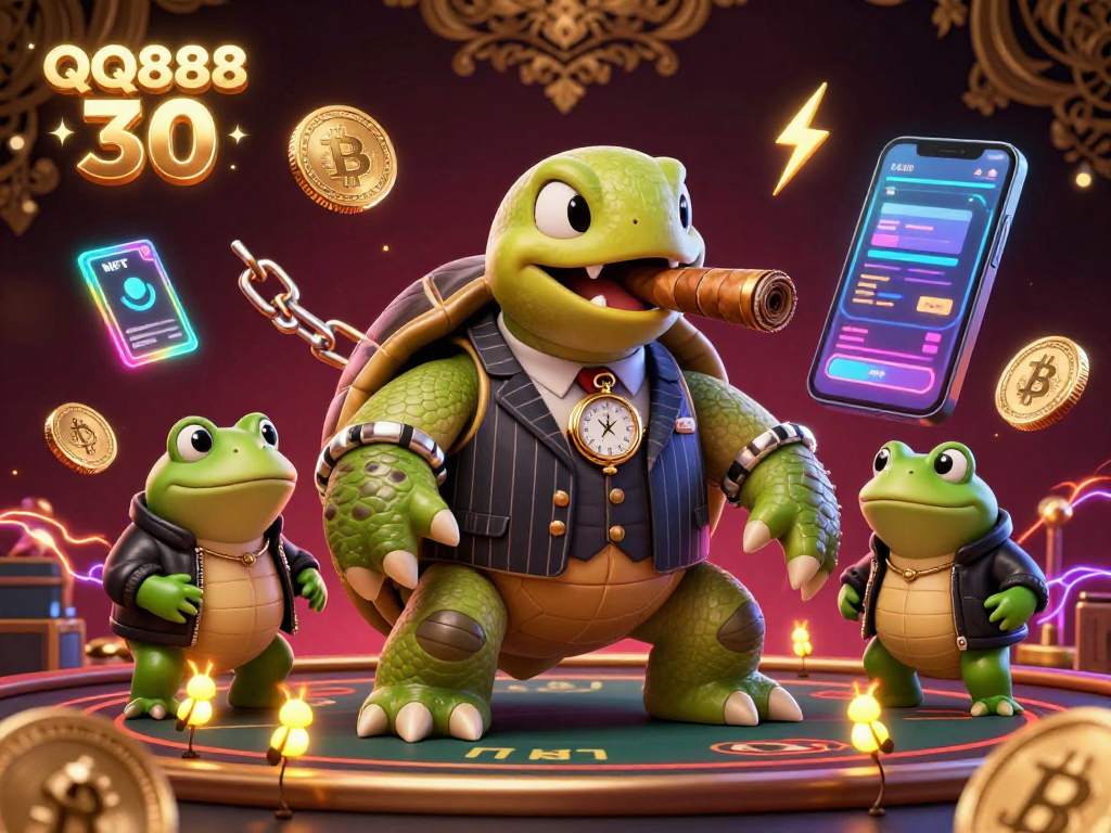 Engage with thrilling gaming action at QQ888 30, featuring a unique 3D cartoon turtle mobster amidst vibrant casino elements.