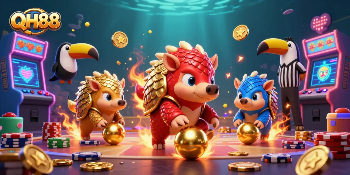 QH88 pangolins compete in a vibrant casino scene filled with golden chips and arcade elements.