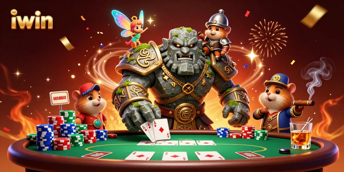 iwin showcases a magical casino scene with a stone golem guardian, fairy, and hamster knight amidst poker battles.