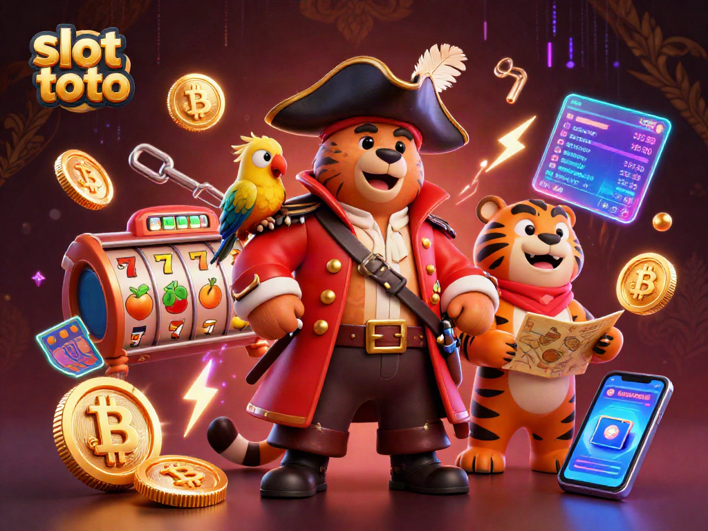 Spin big wins with slot toto as cartoon pirate captain bear and tiger explore a treasure map.