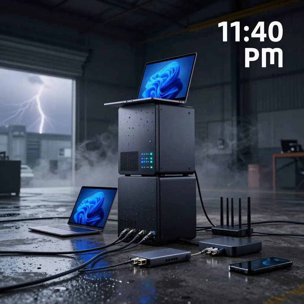 Rain-slick developer hardware stack glowing blue in a stormy midnight studio bay.