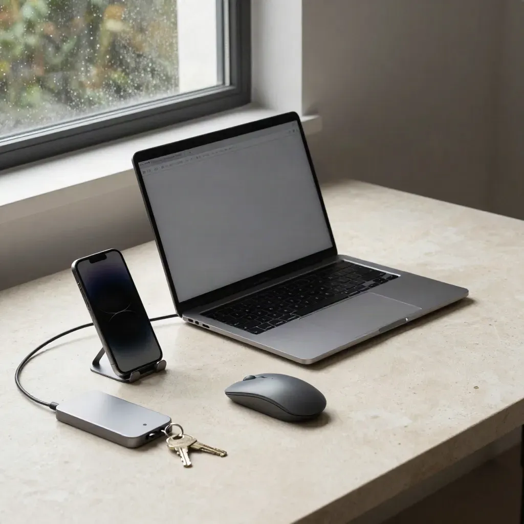 Laptop, mouse, phone stand and security key on a clean desk, mid-automation by a window.