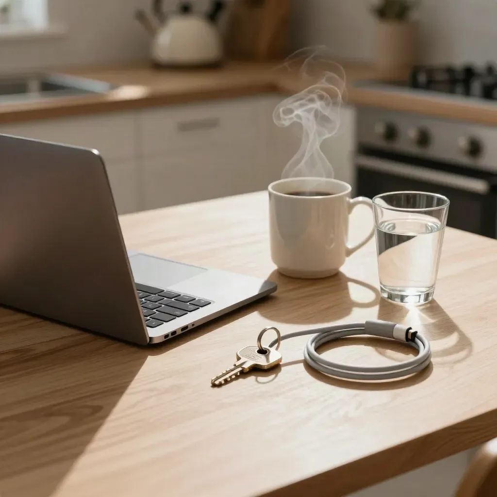 Closed laptop, security key, coffee, and water on a pale kitchen table in soft morning light.