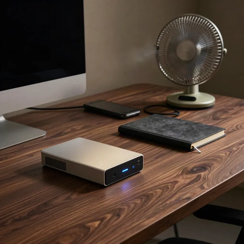 Empty automation desk with backup drive, charging phone, closed notebook and fan in warm evening light.