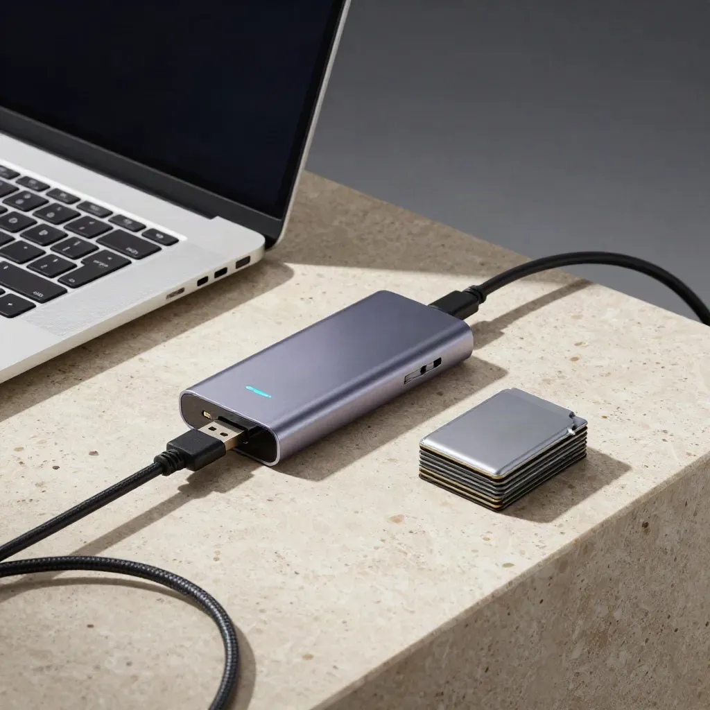 Travertine tech setup with laptop, USB hub, adapter cables, and memory cards in motion.