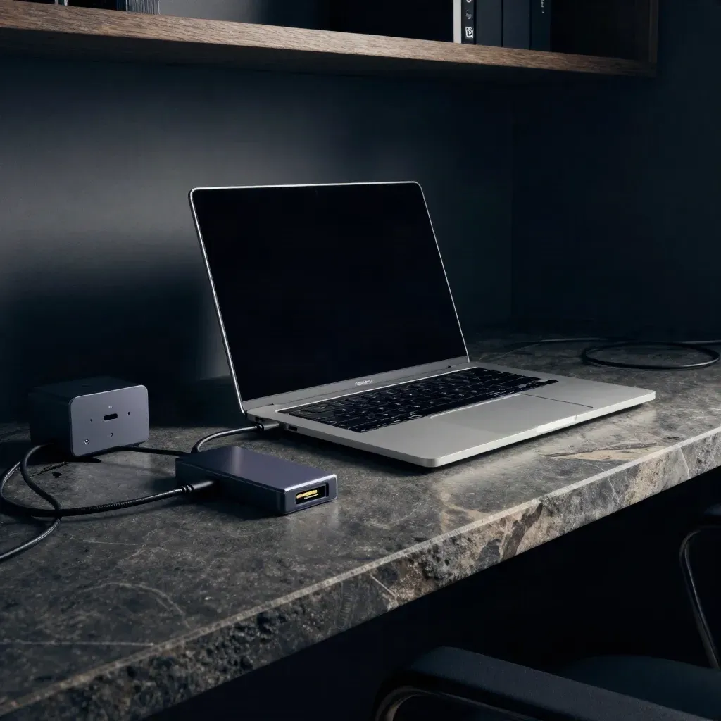 Low-angle automation bench with laptop, timer cube, spare cables, and soft haze.