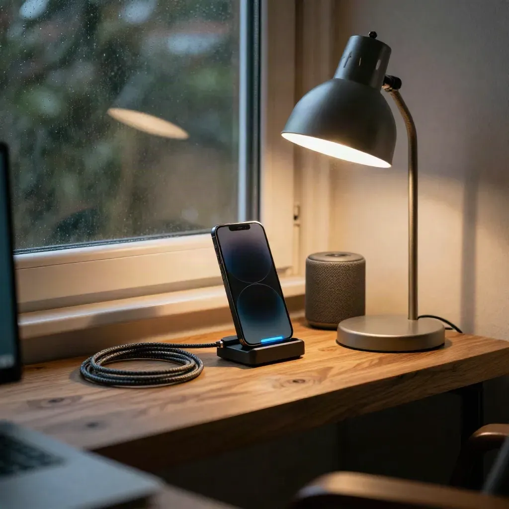 Phone dock, speaker, cable, and lamp on an oak ledge at dusk, ready for an alert.