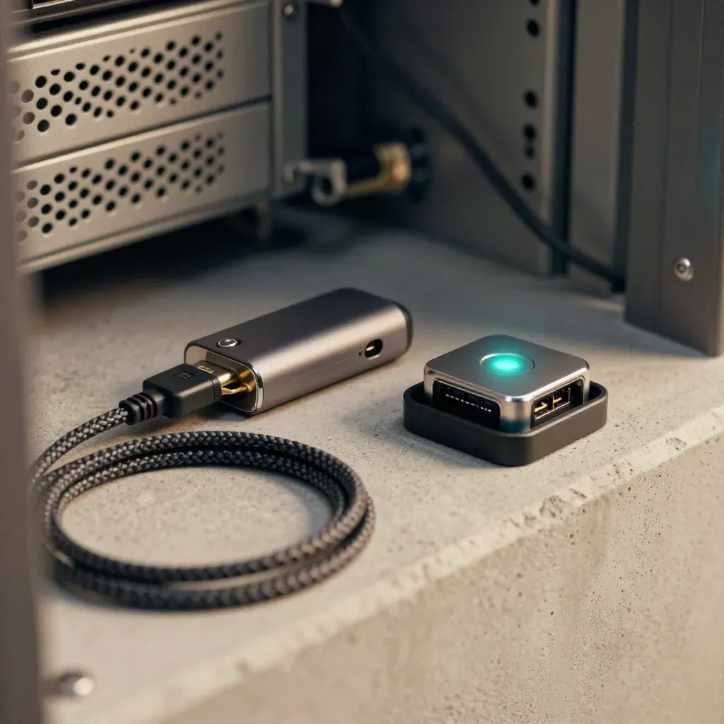 Hardware token refresh kit with glowing device, security key, hub, and cable in a server alcove.