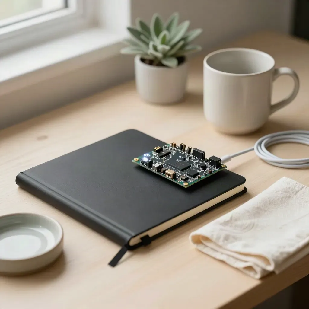 Mini computer, notebook, plant and cup on pale wood with soft window light.