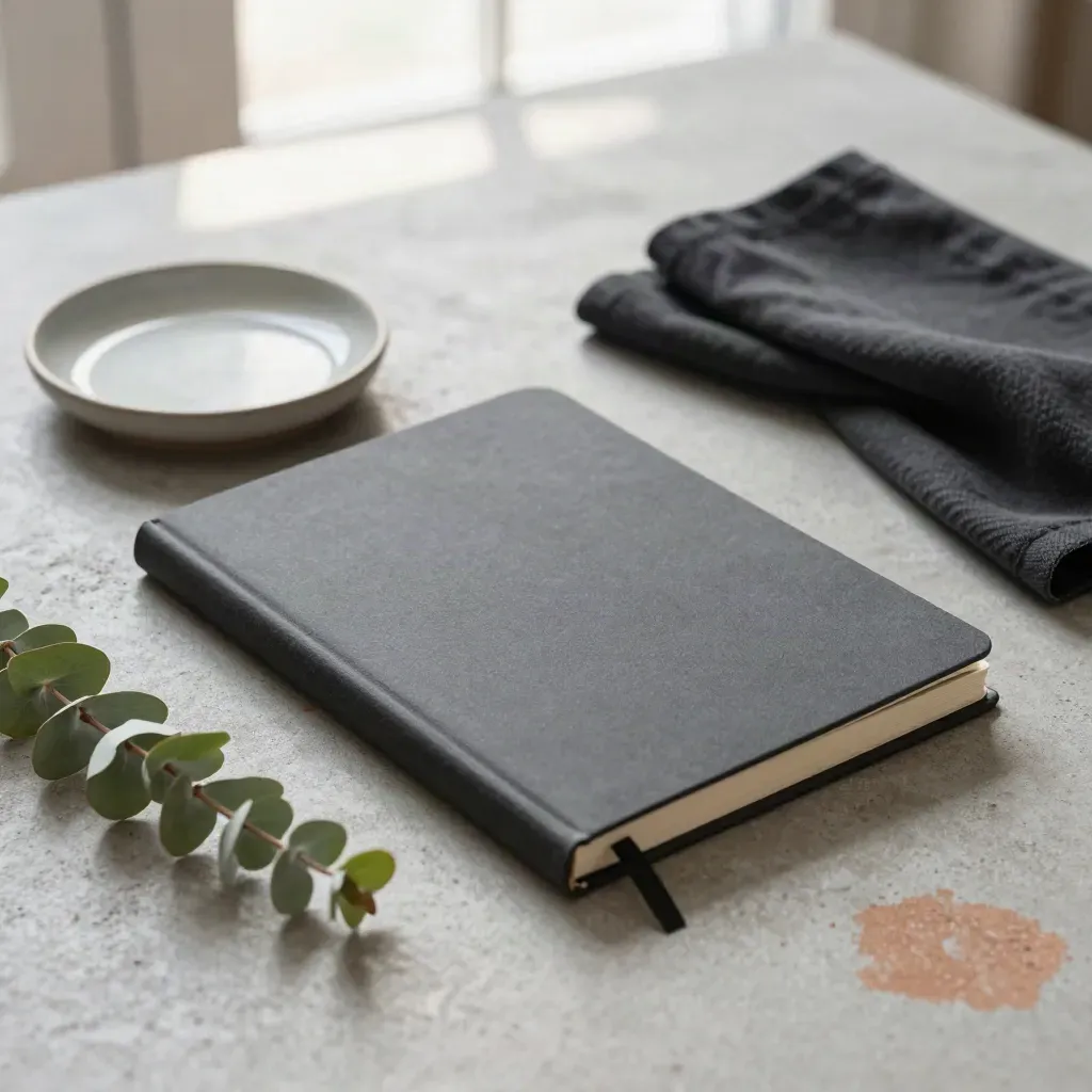 Developer guide notebook with dish, cloth, and eucalyptus on concrete flatlay