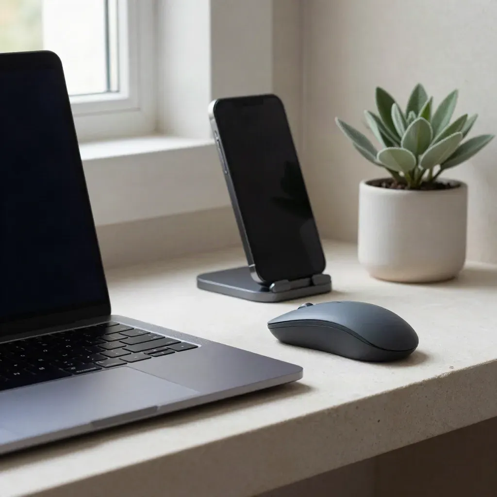 Closed laptop, mouse, phone stand and small plant on a pale shelf in soft window light.