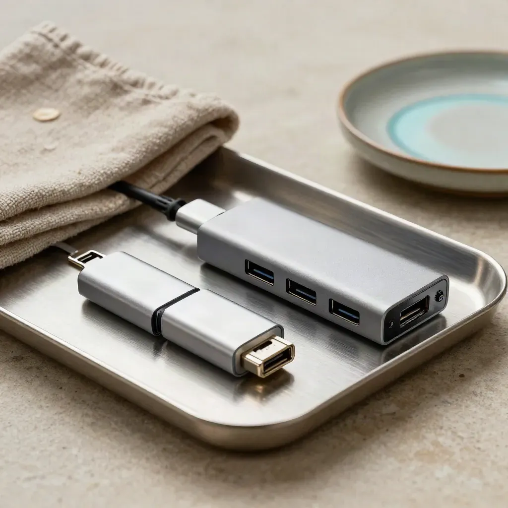 USB-C adapters, ethernet plugs, a hub and cloth arranged on a brushed-metal tray