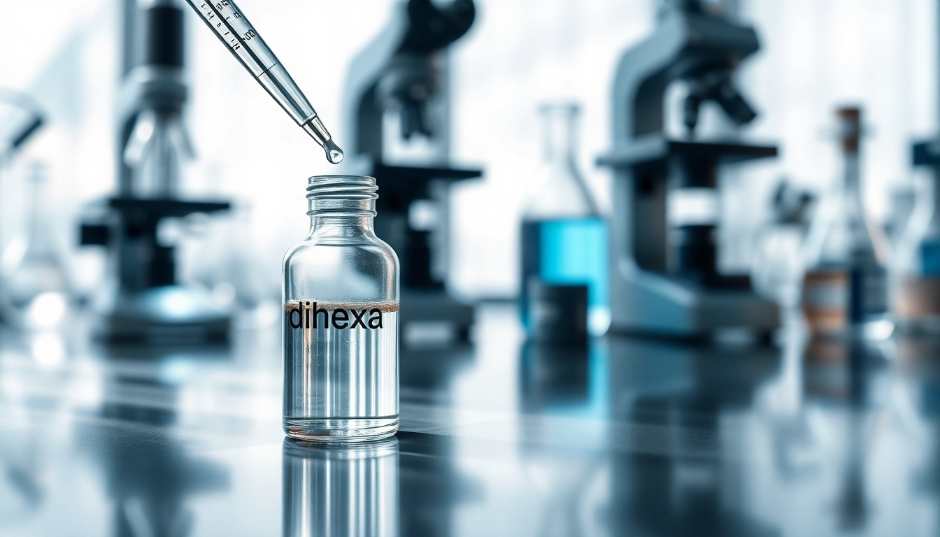 Buy dihexa in a laboratory setting featuring a glass vial and pipette in focus.