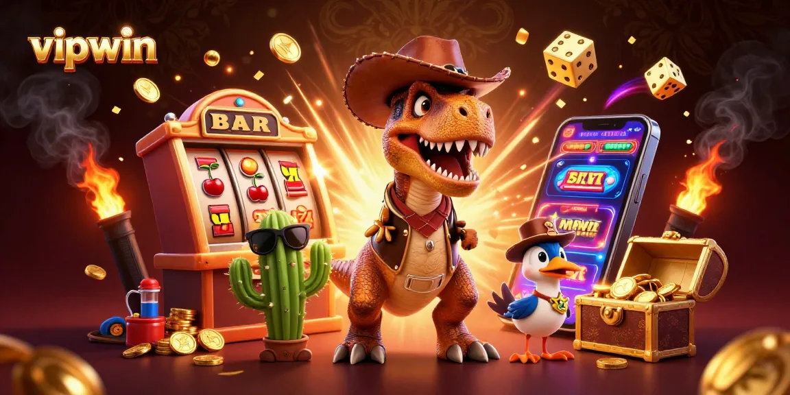 Experience exciting wins at vipwin with a lively 3D casino scene bursting with color and game elements.