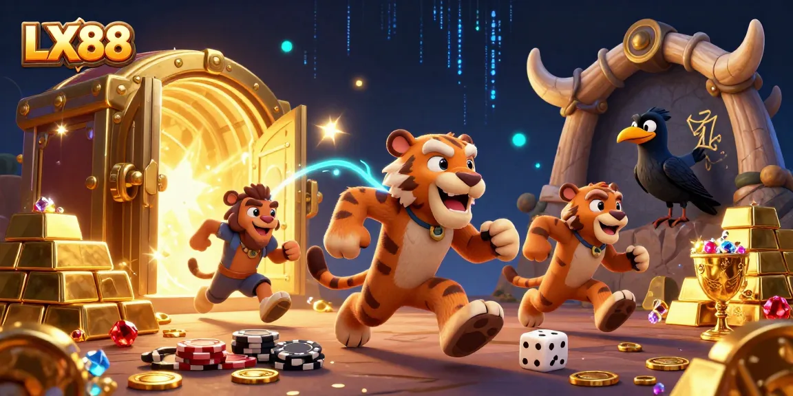 LX88 casino scene with cartoon characters enjoying games and treasures in a vibrant, detailed setting