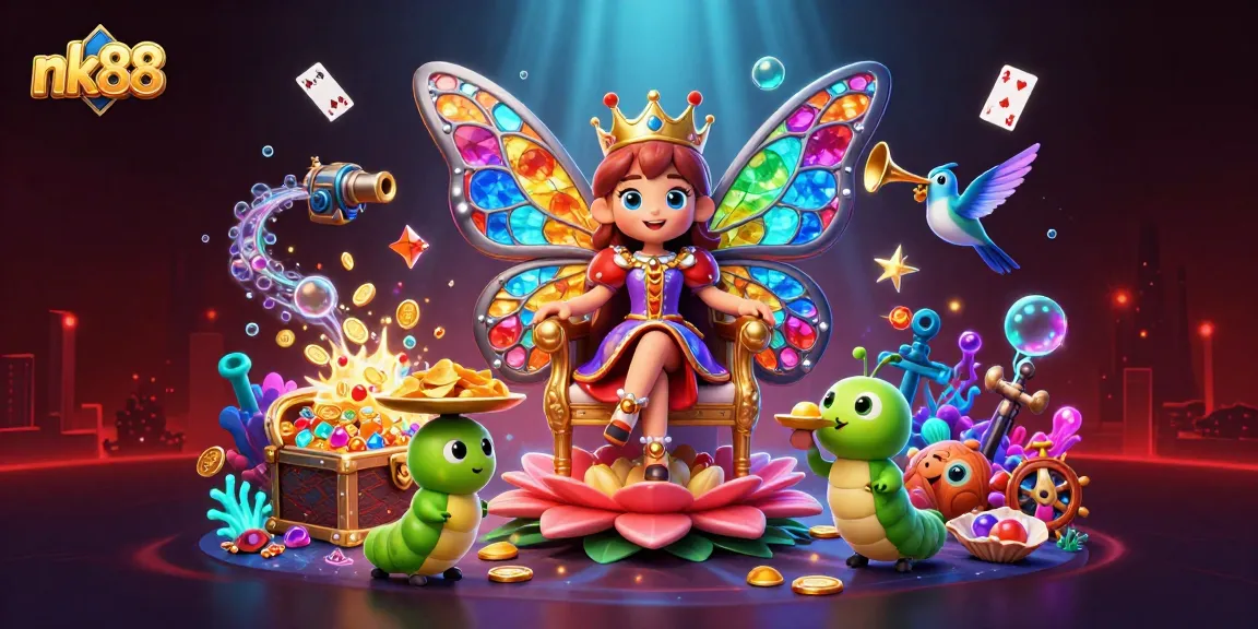 Engage with nk88's vibrant 3D cartoon casino scene featuring a butterfly queen and colorful treasures.