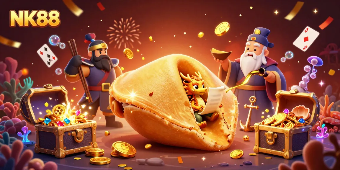 Spin the reels of fortune at NK88, featuring a celebratory 3D illustration filled with treasures and magical energy!