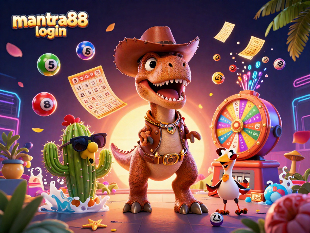 Play at mantra88 login with cartoon characters enjoying vibrant casino elements and lottery graphics.