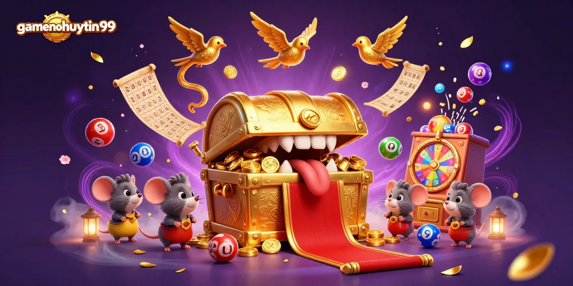 Experience the excitement of gamenohuuytin99 with a vivid 3D casino scene filled with dynamic lottery elements.