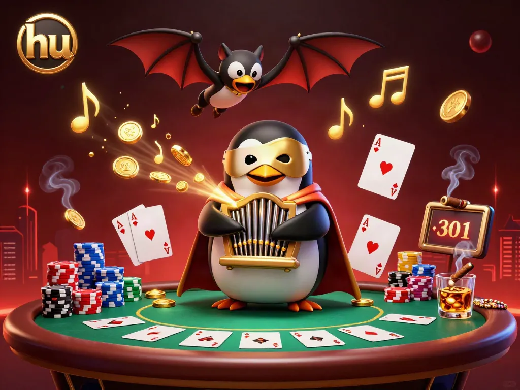 Play thrilling games at hu with a lively penguin character showcasing a dynamic casino atmosphere.
