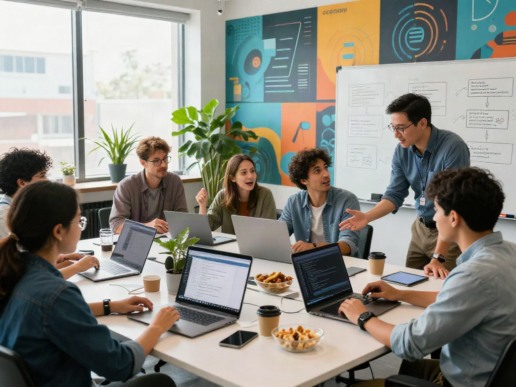 Team collaborating in a vibrant workspace showcasing crushon innovative tech solutions.