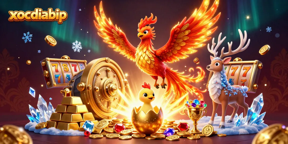 xocdiabip showcases a phoenix and stag in a vibrant 3D casino scene with spinning slot reels.