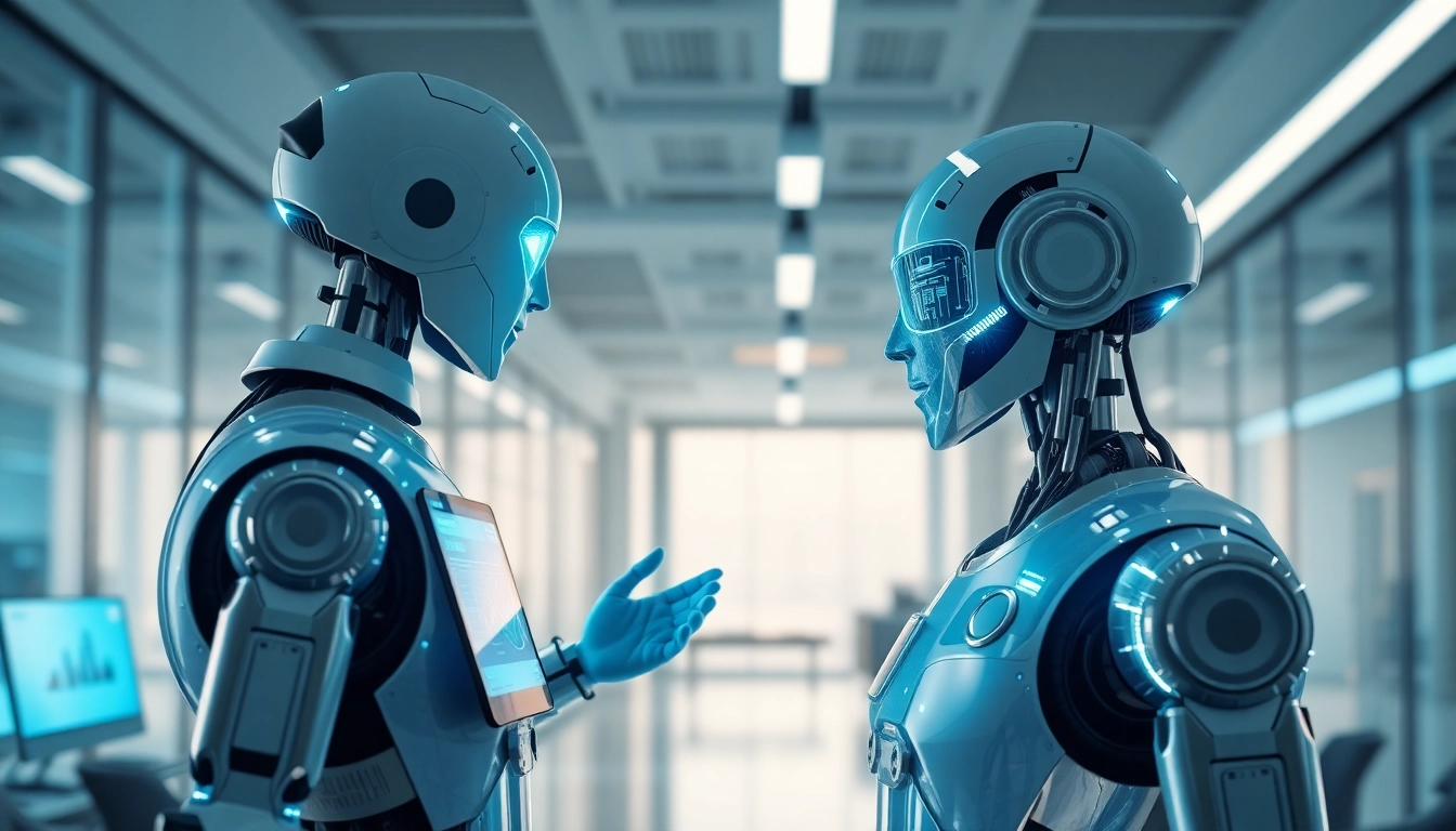 Engaging depiction of Ai agents collaborating in a futuristic office setting.
