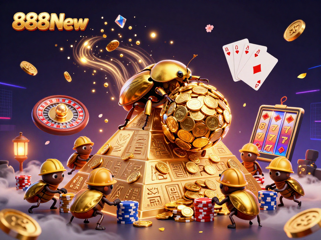 Experience immersive slots at 888New with golden beetles rolling coins amidst vibrant casino elements.