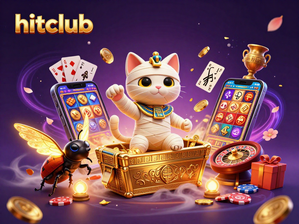 Hitclub's 3D Egyptian mummy cat spins slots amidst a vibrant casino setting filled with golden coins and cards.