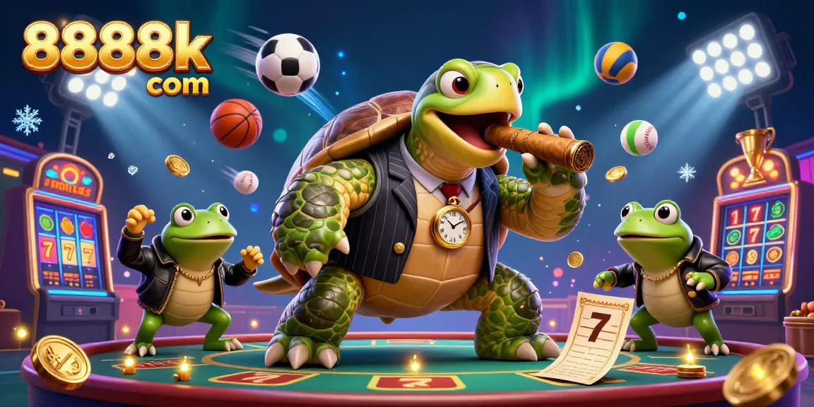 Experience excitement with 8888k com in a dynamic casino scene featuring a turtle mobster and frog enforcers.