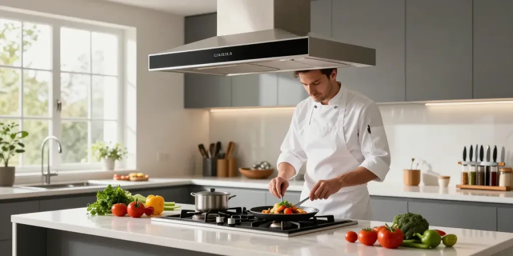 CIARRA cooker hood in a modern kitchen with a chef preparing a gourmet dish