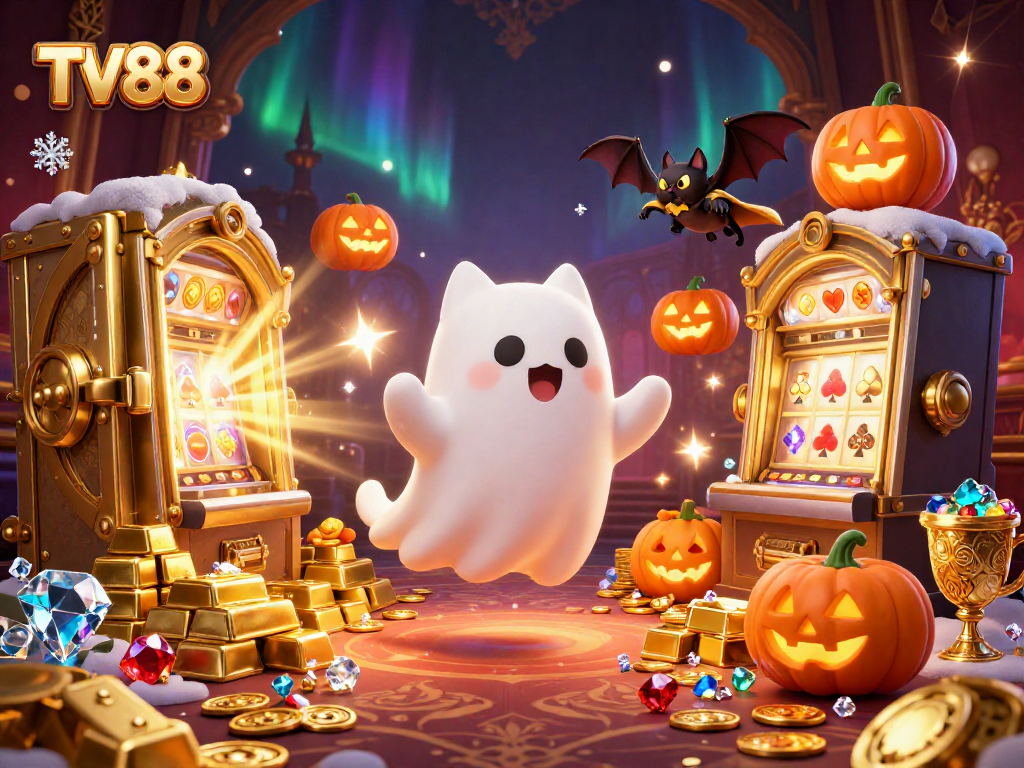 Spin and win at TV88 with a friendly ghost cat in a haunted casino filled with treasure and excitement.