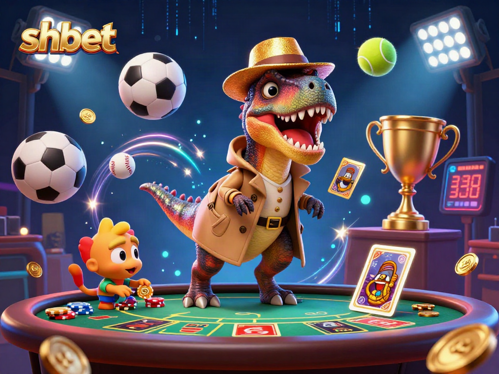 shbet showcases a fun scene with a velociraptor card counter at a blackjack table surrounded by sports balls.