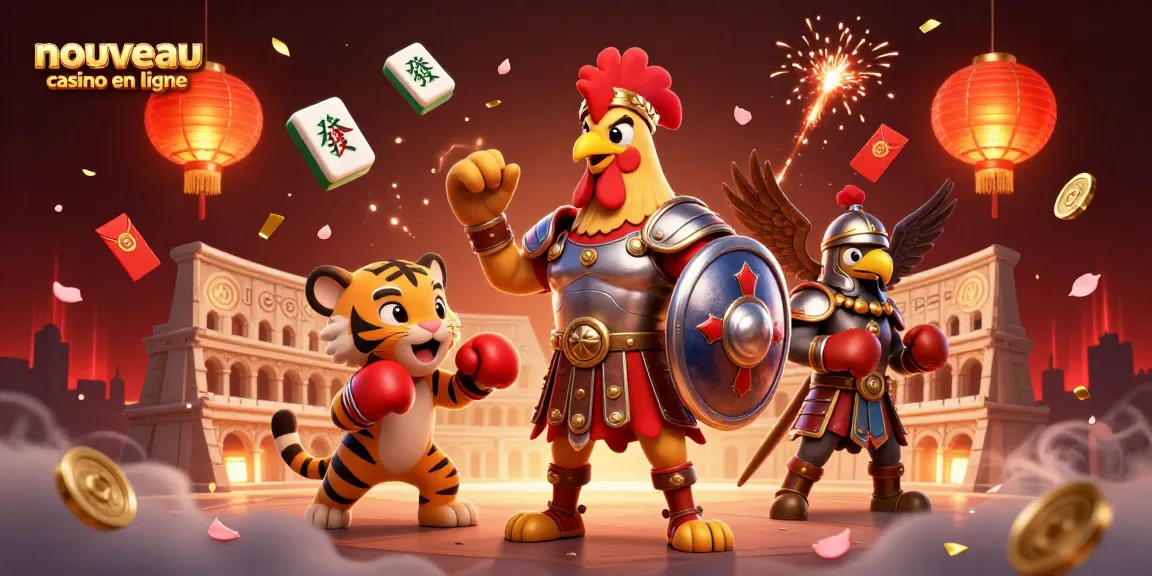 Jouez dans un nouveau casino en ligne vibrant avec un coq gladiateur et des éléments festifs.