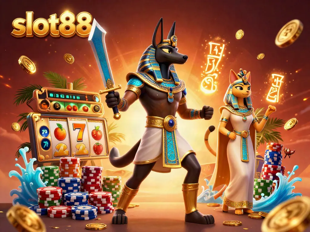 Experience exhilarating gameplay with slot88 as Anubis and Bastet bring luck and fortune in a vibrant casino scene.