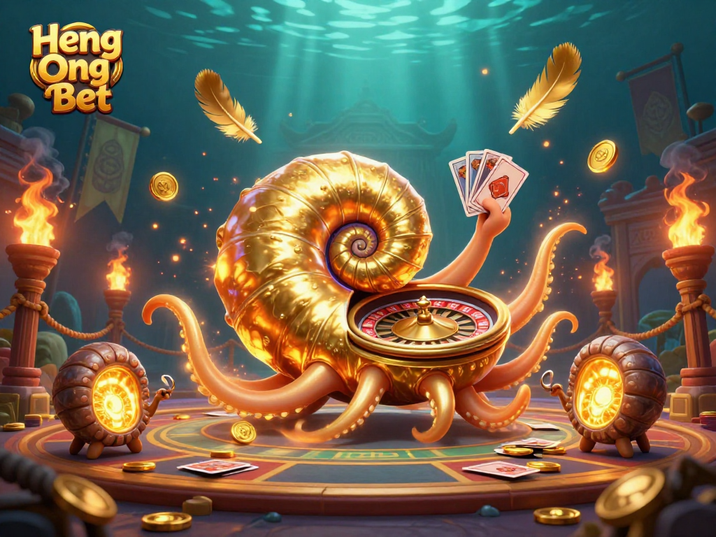 Engage with Heng Ong Bet by exploring a vibrant 3D casino scene featuring roulette and cards.