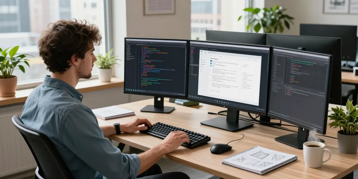 Developer at https://www.bdtjl.app/ workspace coding on dual screens with a vibrant city backdrop.