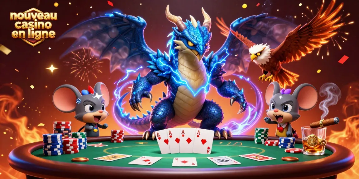 Découvrez le nouveau casino en ligne avec une illustration dynamique et des personnages captivants, jouant aux cartes.