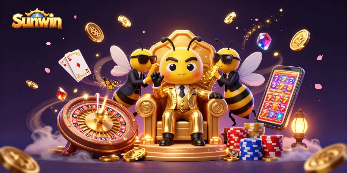 Sunwin showcases a vibrant casino scene with a bumblebee mob boss, roulette wheel, and sparkling gems.