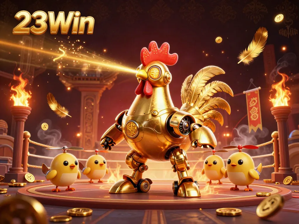 Experience thrilling action with 23Win’s vibrant casino scene featuring a golden rooster robot and drones.