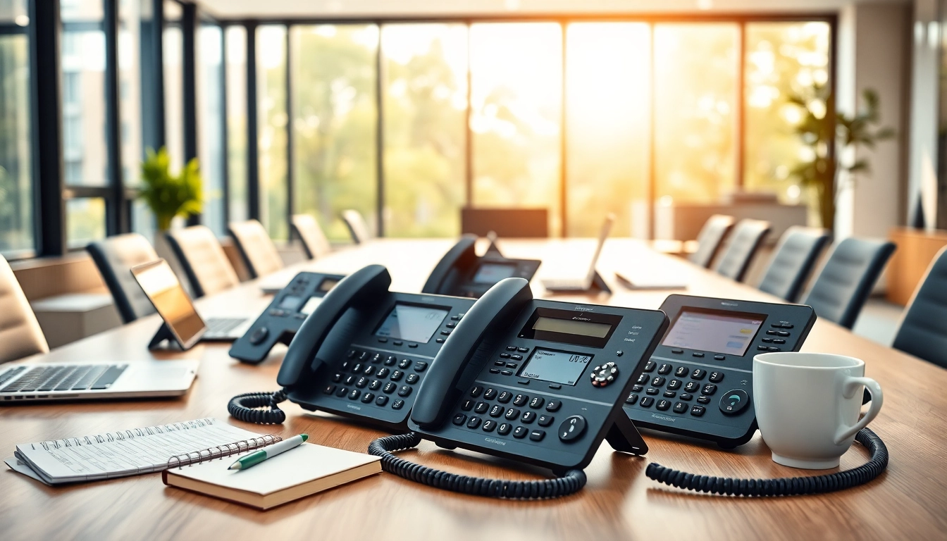 Showcasing advanced business phones on an office desk, emphasizing features for productivity.